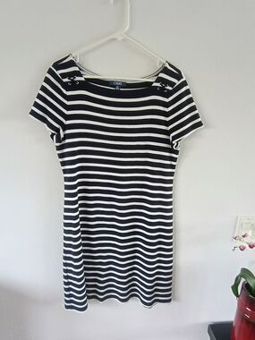 Chaps Black White Striped Nautical Boat Neck Cotton Dress Womens Large